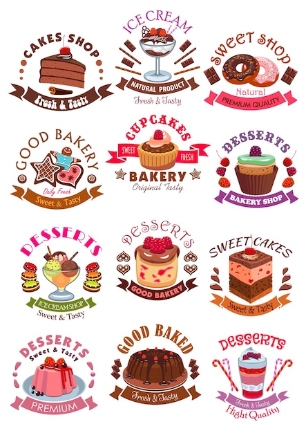 Desserts icons and signs Sweets cupcake and ice cream cookie cake muffin