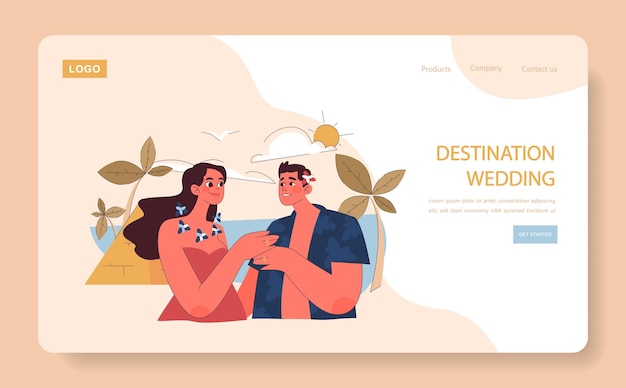 Vector destination wedding concept a couple exchanges vows under an exotic sun their love story blossoming