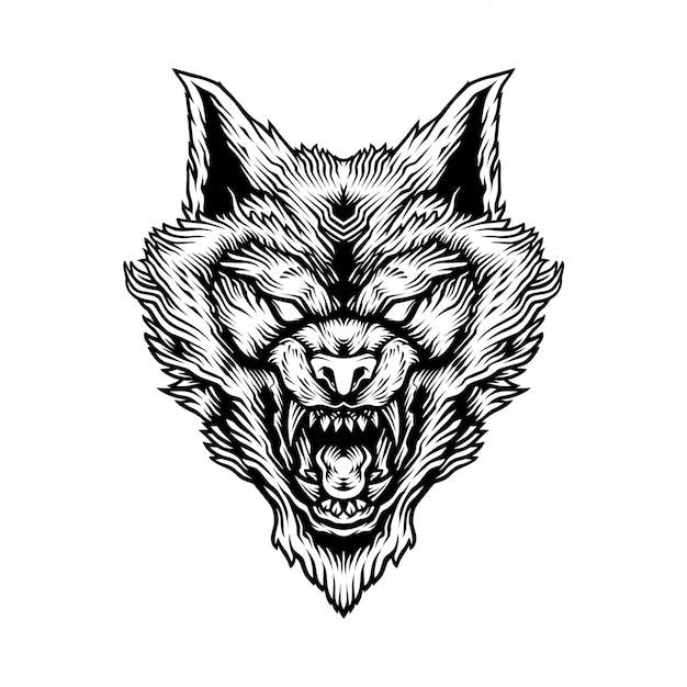 detailed angry wolf head illustration