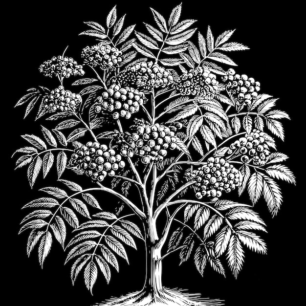 Detailed Black and White Botanical Illustration of Berries and Leaves