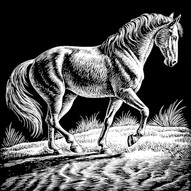 Detailed Black and White Illustration of a Horse in Motion near Water