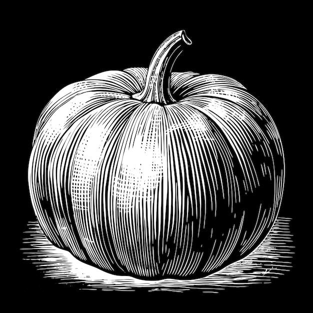 Detailed Black and White Illustration of a Pumpkin on Black Background