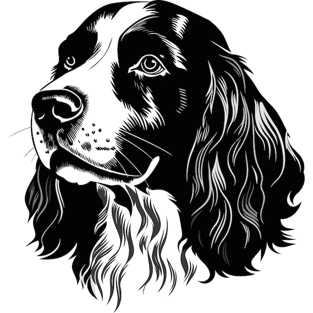 A detailed black and white illustration of a springer spaniels head perfect for pet lovers dog breeders and anyone looking for a classic elegant design