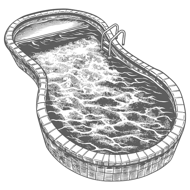 Vector detailed black and white line drawing of an inground kidney shaped swimming pool with brick coping and diving board