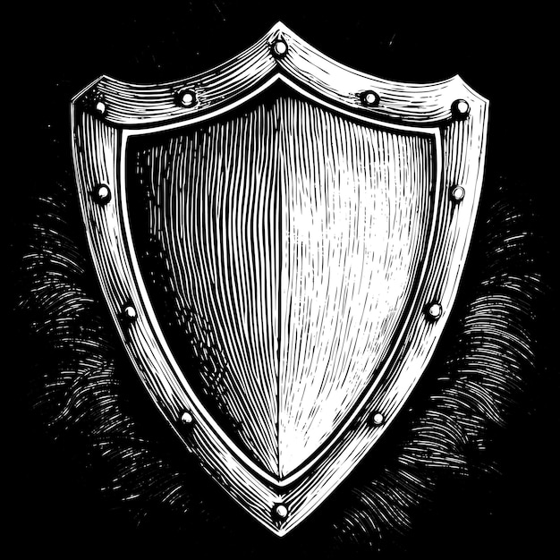 Detailed Black and White Vintage Shield Illustration with Subtle Shading on Black Background