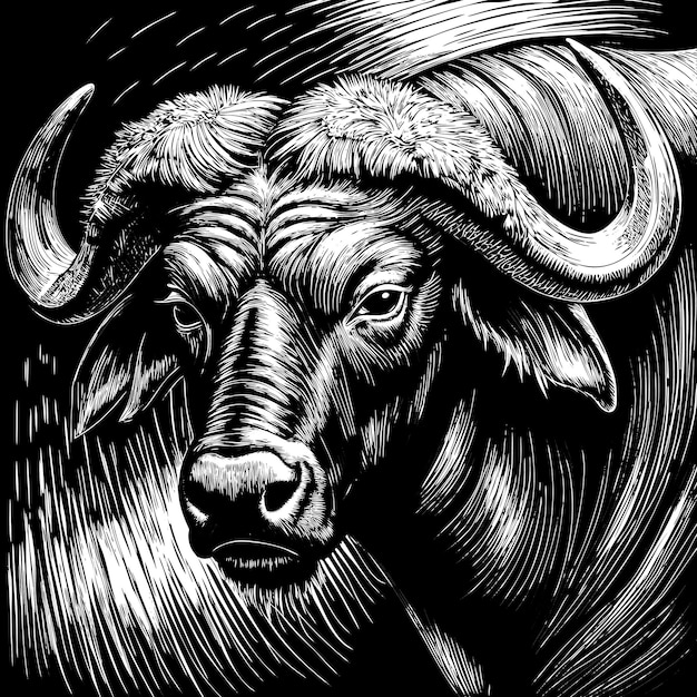 Detailed Black and White Woodcut Illustration of a Buffalo Head in Profile