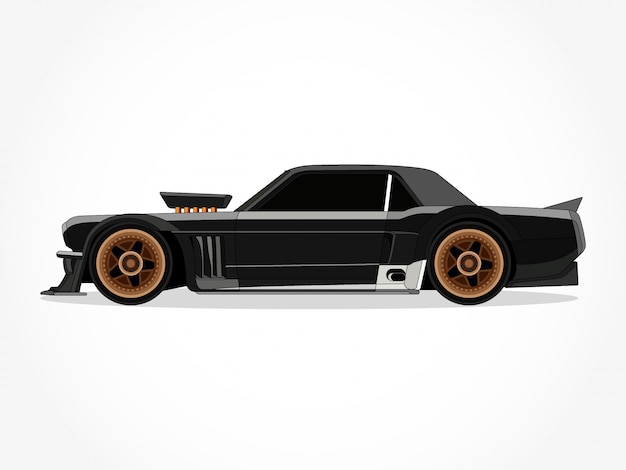 detailed body and rims of a flat colored car cartoon vector illustration with black stroke and shadow effect