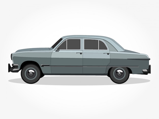 detailed body and rims of a flat colored classic car cartoon  illustration with black stroke and shadow effect