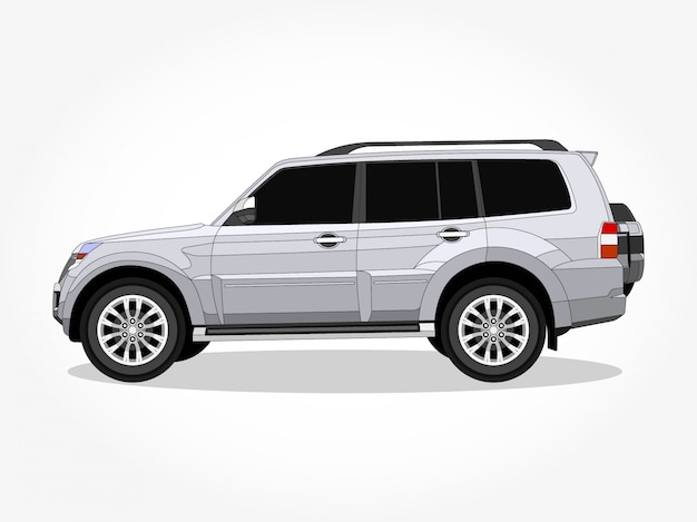 detailed body and rims of a flat colored SUV car cartoon illustration with black stroke and shadow effect