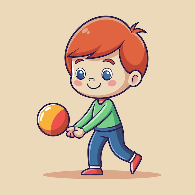 Vector detailed cartoon vector illustration of boy in corduroy pants playing with rubber ball