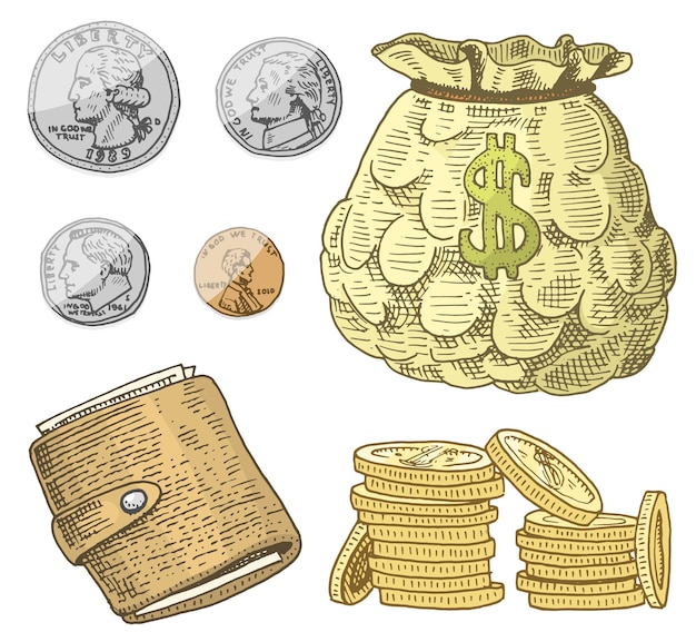 Vector detailed currency banknotes or american franklin green 100 dollars or cash and coin engraved hand drawn in old sketch style vintage money bill icons financial success of us bag or purse of gold