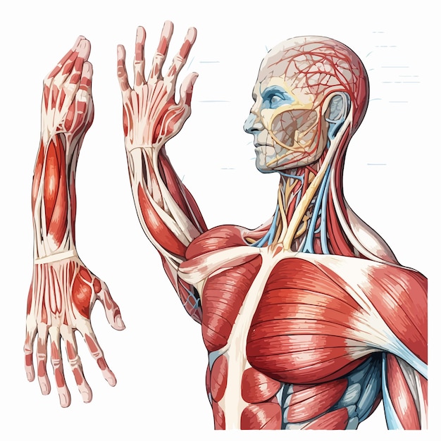 Vector detailed diagram of human hand muscles and nerves anatomy