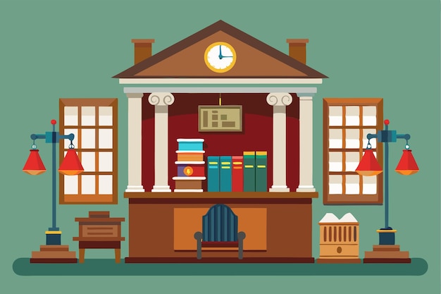 Vector a detailed drawing of a court office showcasing shelves filled with books a clock and elegant lamps court office flat drawing