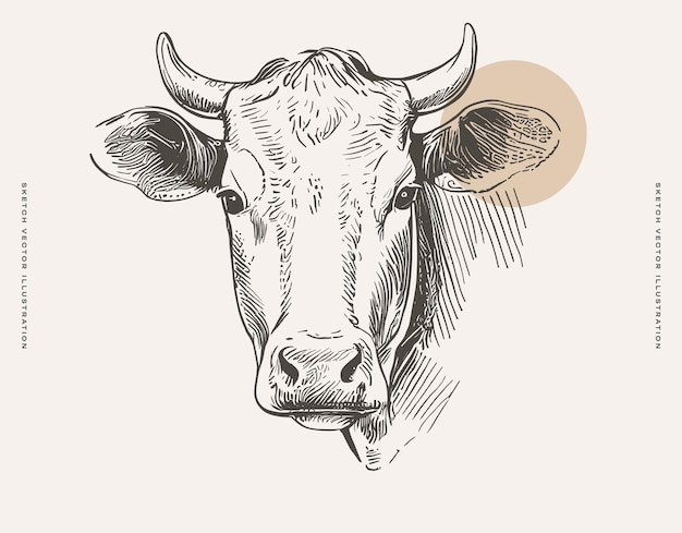 Vector detailed drawing of cow head on white background