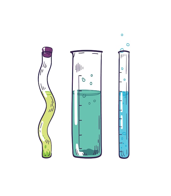 Detailed drawing of test tubes with colorful fizzy liquid reagents on white.