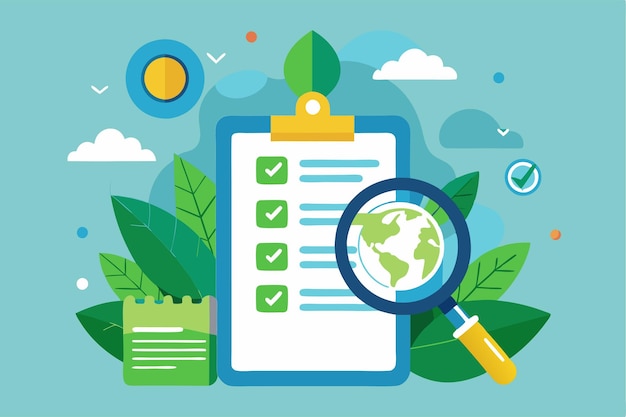 Vector a detailed eco audit checklist featuring a magnifying glass green leaves and blue skies emphasizes sustainability eco audit customizable flat image