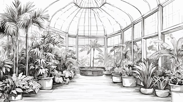 Vector detailed freehand sketch of tropical botanical garden interior