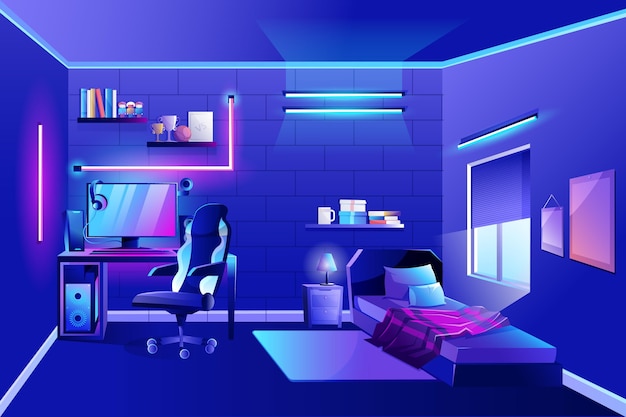 Detailed gamer room with neon lights