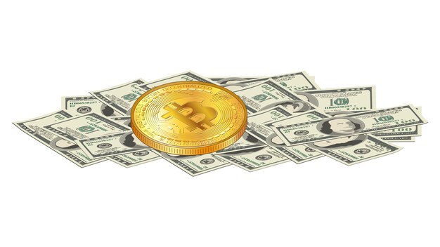 Detailed gold bitcoin coin lies on a pile of paper 100 us dollars banknotes isolated on white Digital gold over cash money Vector illustration