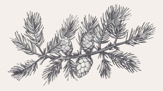 Vector detailed handdrawn larch branch with needles nature illustration