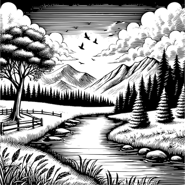 Detailed HandDrawn Nature Landscape in Black and White