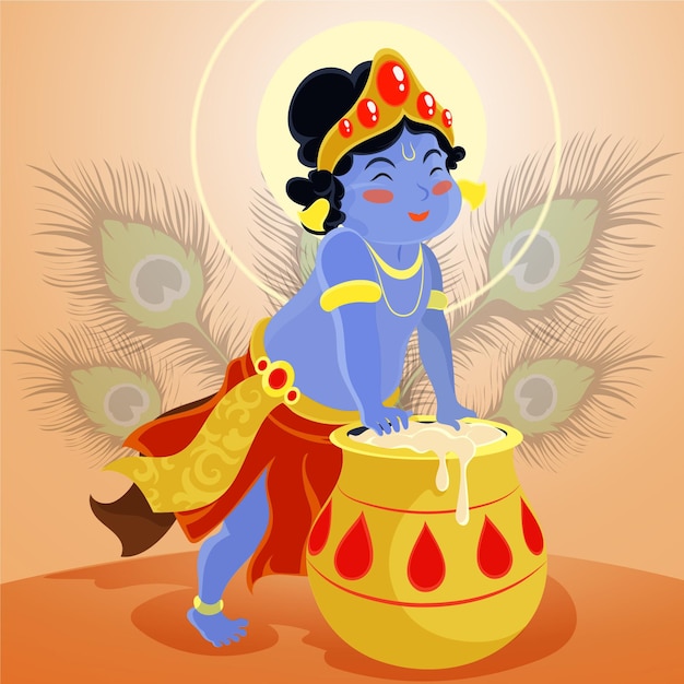 Detailed illustration of baby krishna eating butter