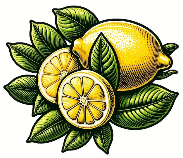 Detailed Illustration of Lemons and Leaves