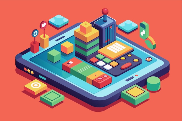 A detailed isometric view of a cell phone surrounded by colorful customizable digital blocks and interface components on a lively backdrop