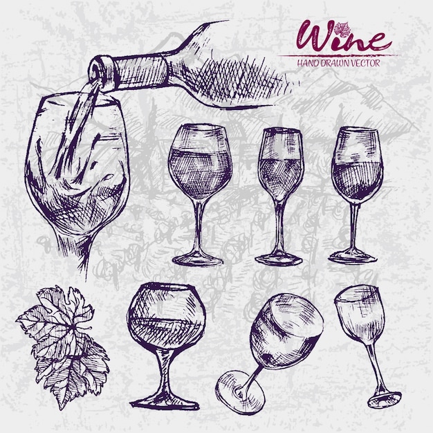 Detailed line art hand drawn purple wine glasses illustration