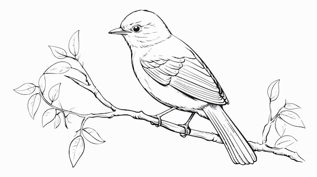 Detailed Line Drawing of Bird Perched on Branch