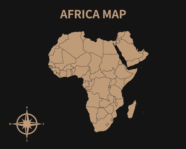 Detailed Old Vintage Map of Africa with compass and Region Border isolated on Dark background