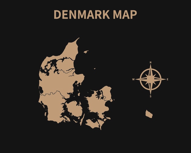 Detailed Old Vintage Map of Denmark with compass and Region Border isolated on Dark background