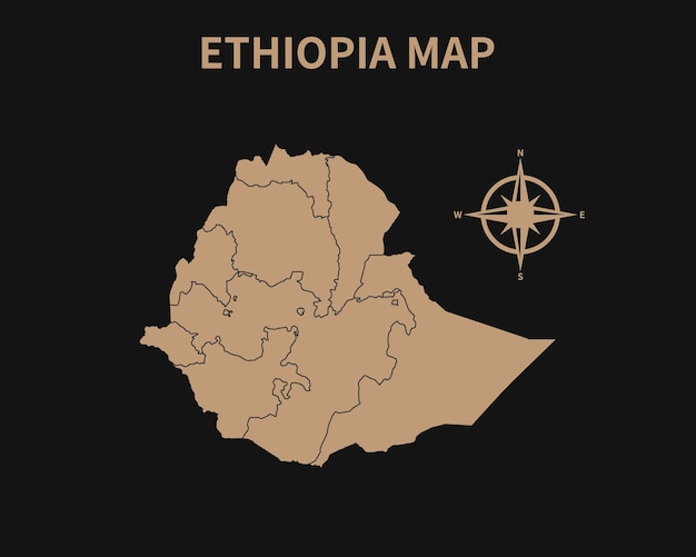 Detailed Old Vintage Map of Ethiopia with compass and Region Border isolated on Dark background