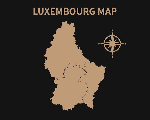 Detailed Old Vintage Map of Luxembourg with compass and Region Border isolated on Dark background