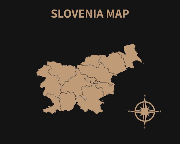 Detailed Old Vintage Map of Slovenia with compass and Region Border isolated on Dark background