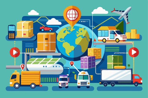 Vector a detailed overview of logistics and transportation showcasing various vehicles and ecommerce elements logistics and transportation electronic commerce