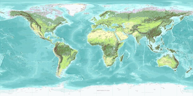 Vector detailed physical world map equirectangular projection