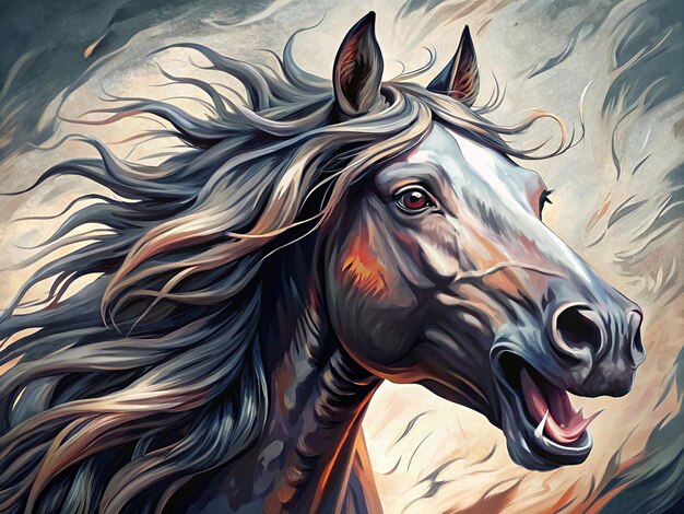 Vector a detailed portrait of a wild horse with flowing mane and open mouth showing its teeth and tongue