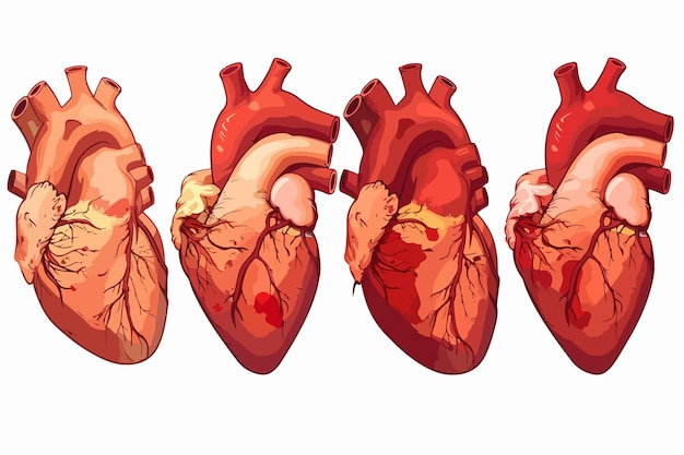 Vector detailed process of myocardial infarction on four phases vector illustration