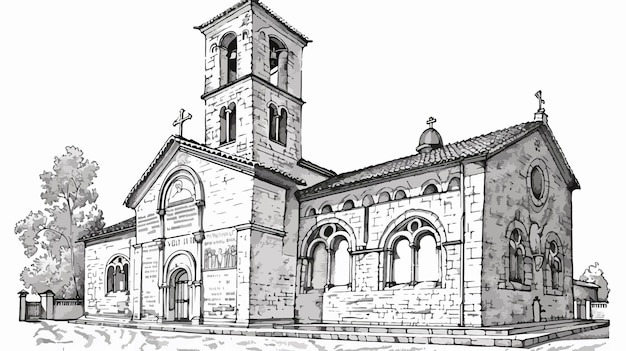 Vector detailed romanesque church line drawing for architectural design inspiration