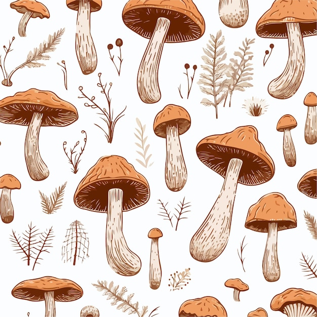 Detailed Seamless Pattern of Outlined Chanterelle Mushroom for Designers and Artists