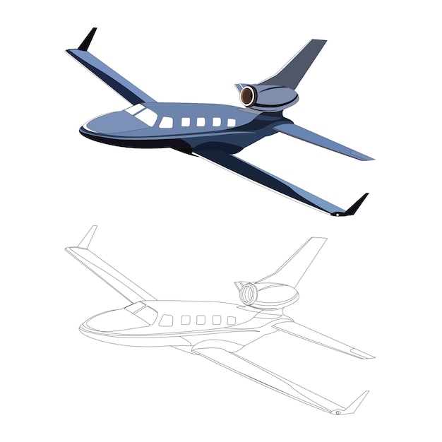 detailed side of blue private jet airplane with black stroke option for customable color book