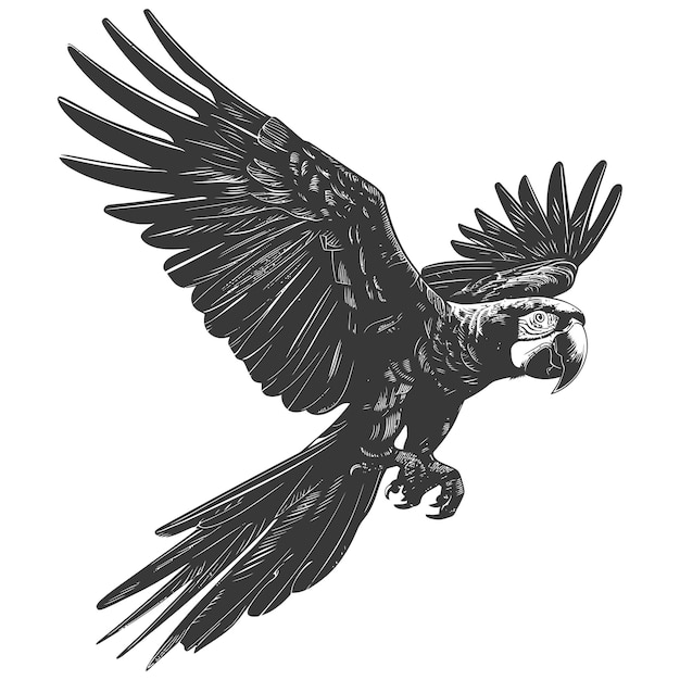 Detailed sketch of a parrot with outstretched wings in flight