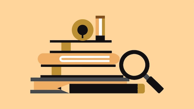 Vector detailed study stack of books magnifying glass and pencil arrangement