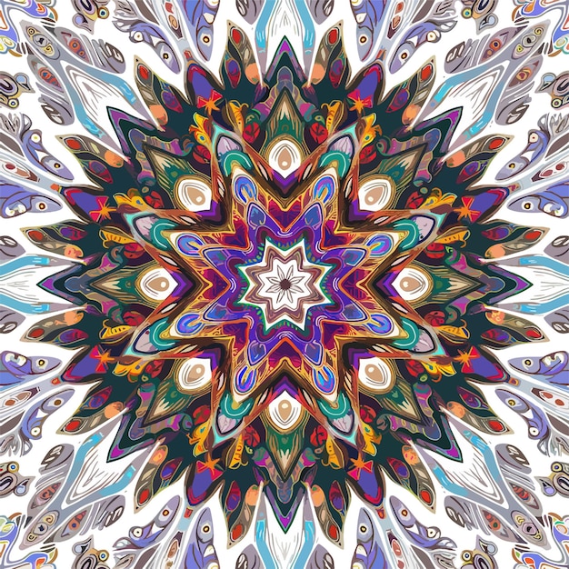 A detailed symmetrical mandala design colored in with vibrant hues of pink orange blue and green