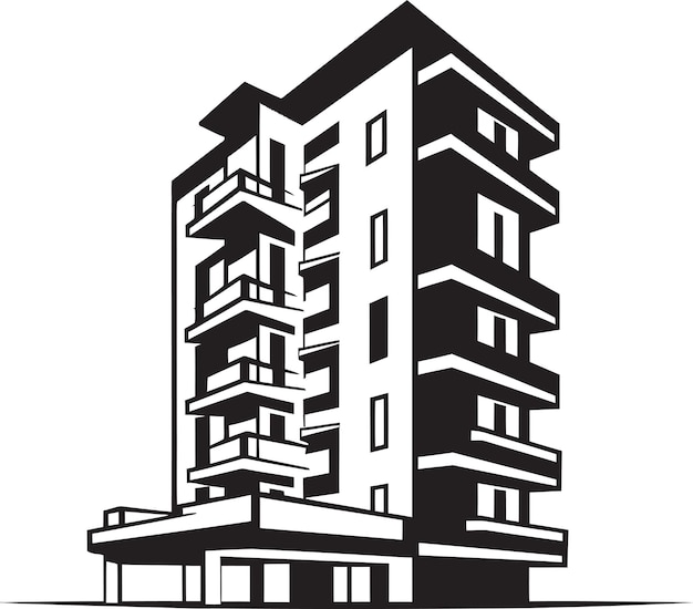 Detailed Vector Artwork of a Trendy MultiStory Condominium Building with Modern Design and Rooftop