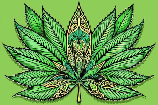 A detailed vector illustration of a marijuana leaf with intricate patterns and vibrant green hues