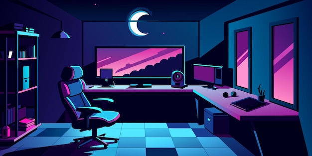 Vector a detailed vector illustration showcasing a nocturnal gaming and streaming setup within a