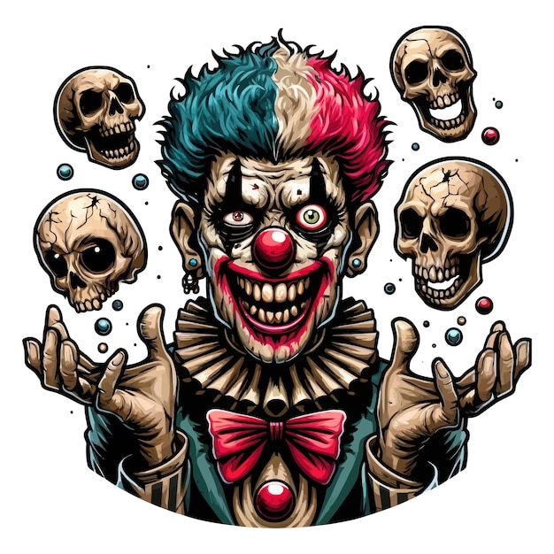 Vector detailed vector illustration of a sinister clown juggling skulls combining circus performance with horror elements