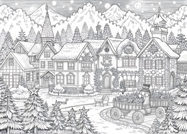 Vector detailed winter village scene with snowcovered houses for coloring books